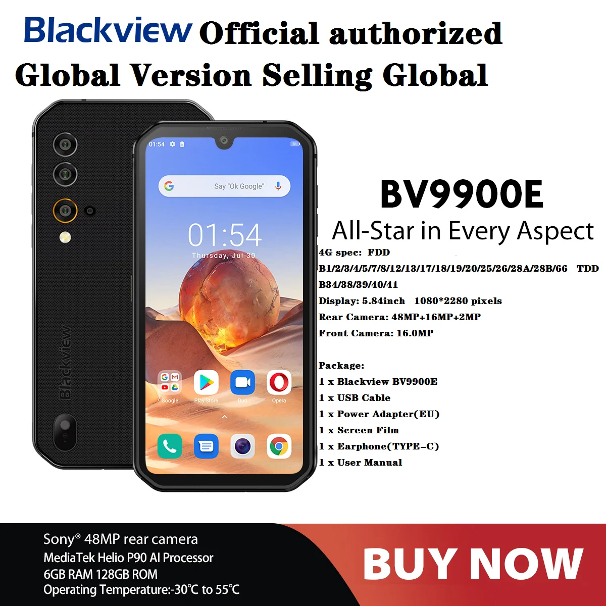 

Global Version Blackview BV9900E Helio P90 Rugged 5.84'' Smartphone 6GB+128GB IP68 Waterproof 4380mAh 48MP Camera NFC Android 10