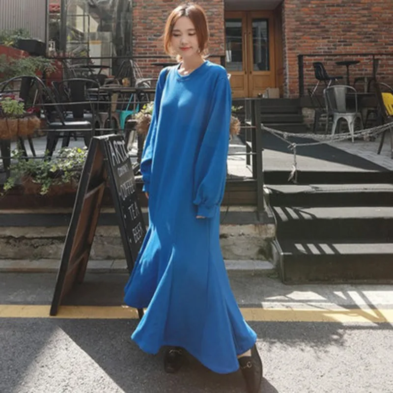 LANMREM 2020 New autumn O-neck Solid Color Mid-length Ruffled Fishtail Dress High Street Temperament Loose Big Size PD067 | Женская