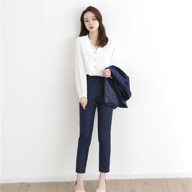 

FMFSSOM 2020 New Autumn Winter Fashion Casual Solid Women Sets Full Turndown Collar Button Ankle-lengh Pants Lady Sets