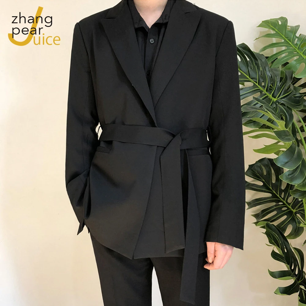 Men Black Suit Male Blazers Sashes Lace Up Blazer Suits For Men Casual Long Sleeve Blazer Jacket Coat Masuclino