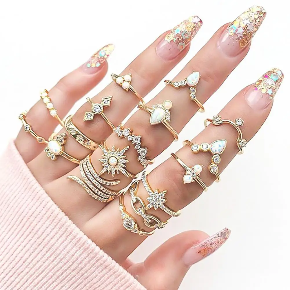 

50%HOT17Pcs/Set Finger Ring Bohemian Jewelry Gift Women Artificial Gemstone Rhinestone Finger Ring for Dating