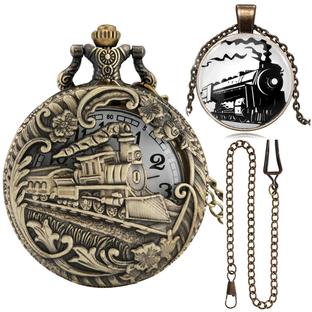 Fashion Train Design Case Quartz Pocket Watch with Gift Box Exquisite Necklace Pendant High Grade Gifts Sets for Friend