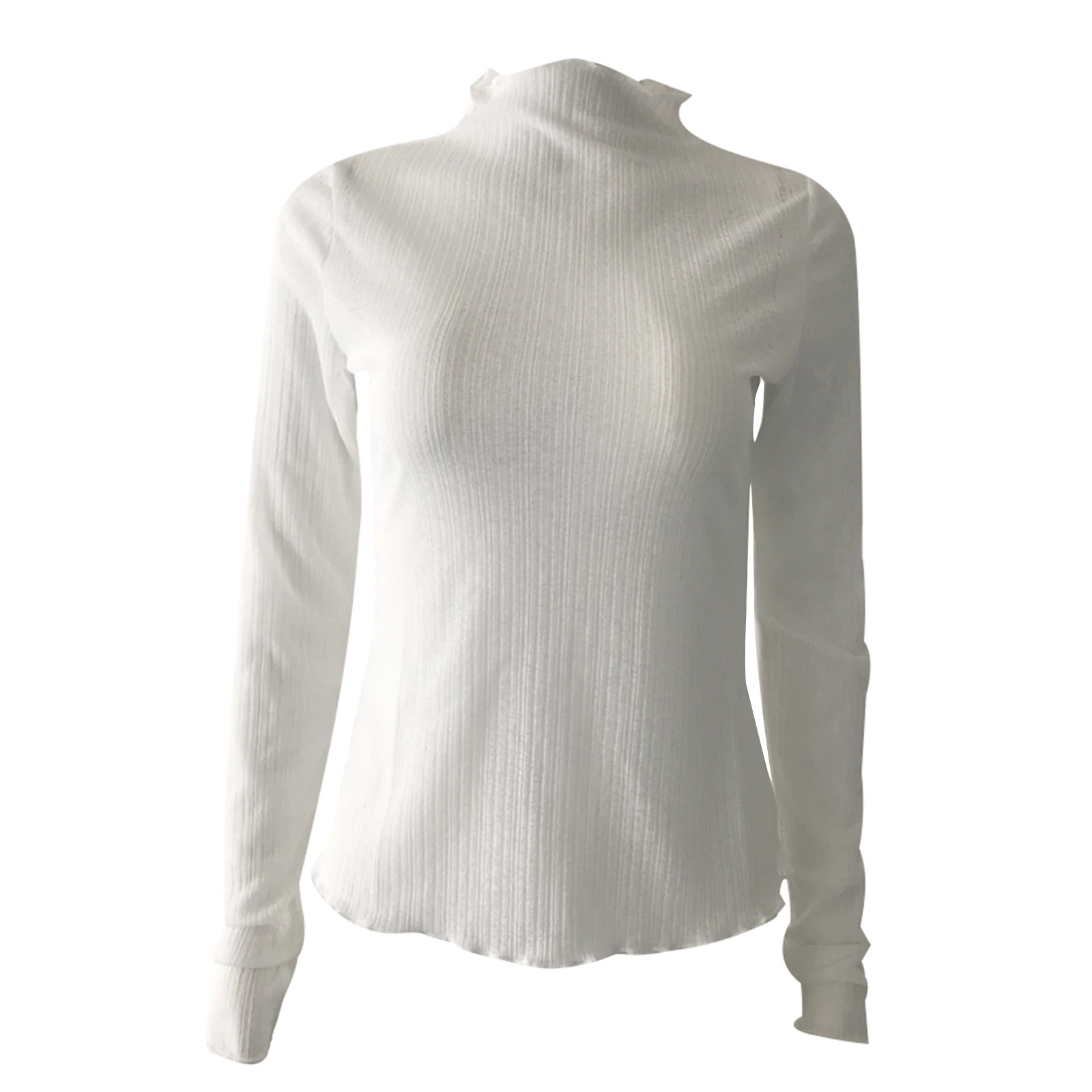 

Women Sexy See-through Pullover, White Solid Color Turtleneck Long Sleeve Tops, S/ M/ L