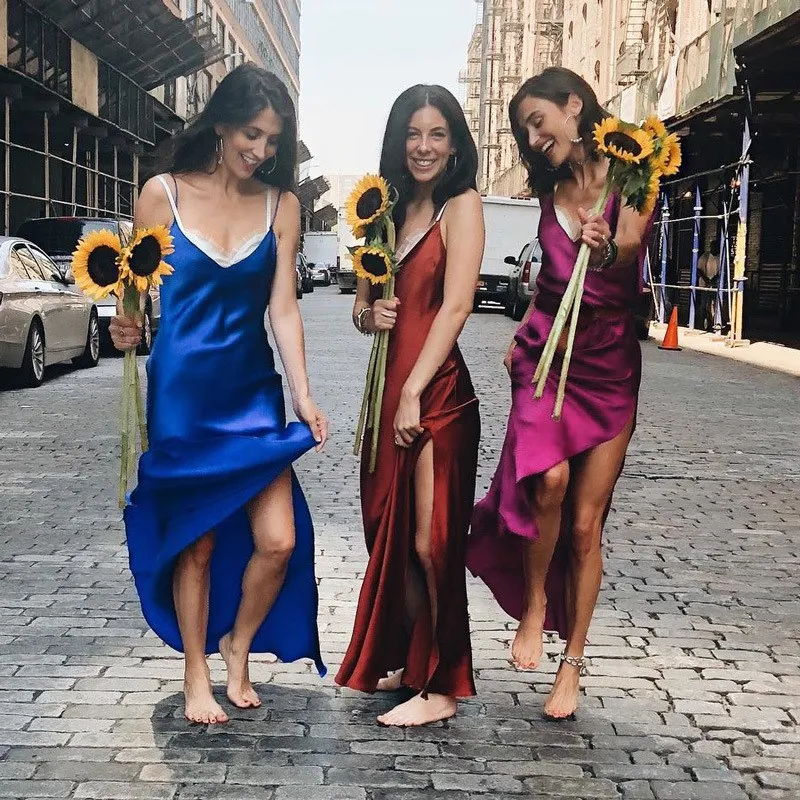 Атласное шелковое сексуальное Макси платье для женщин элегантное с v-образным