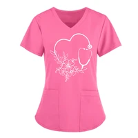 nurse uniform women short sleeve v neck tops working uniform floral love print pocket blouse overalls nurse uniforme clinico