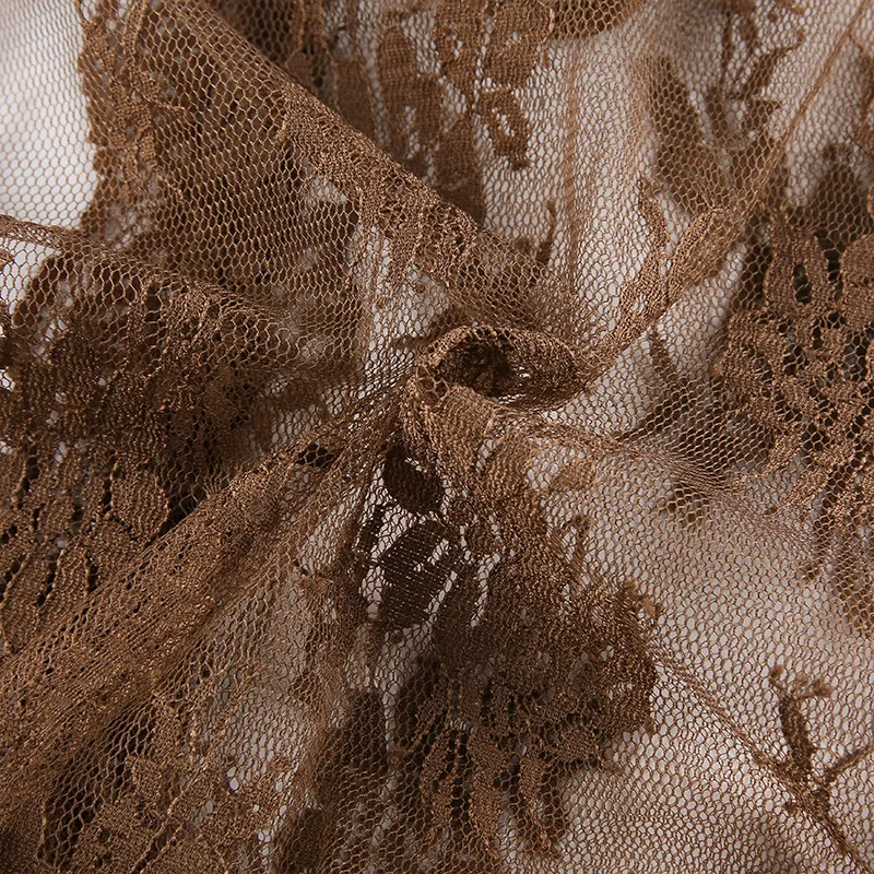 

Cute Brown Vintage Y2K Lace Crop Top Short Sleeve See Through Sexy Mesh Woman Tshirts V Neck Lace Up Floral Kawaii Clothes