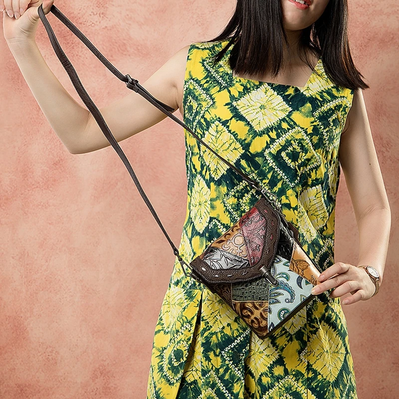 

Ethnic style new first layer cowhide women messenger handbags hit color shoulder bag Genuine Leather