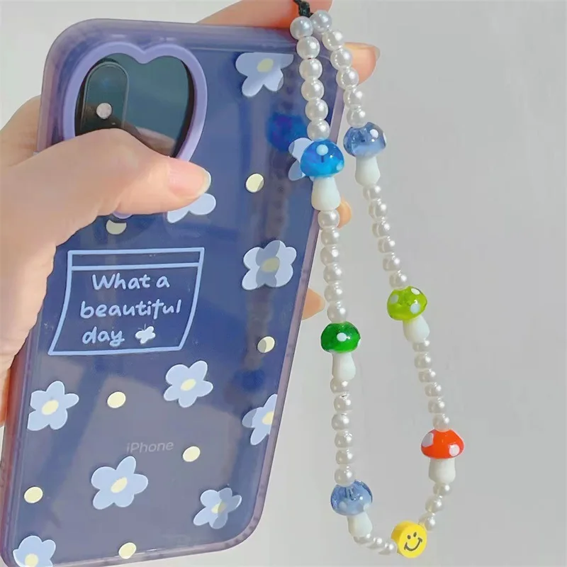 

Funny And Fashion Colorful Mushroom White Imitation Pearl Yellow Soft Pottery Smiley Women's Mobile Phone Lanyard Chain Jewelry