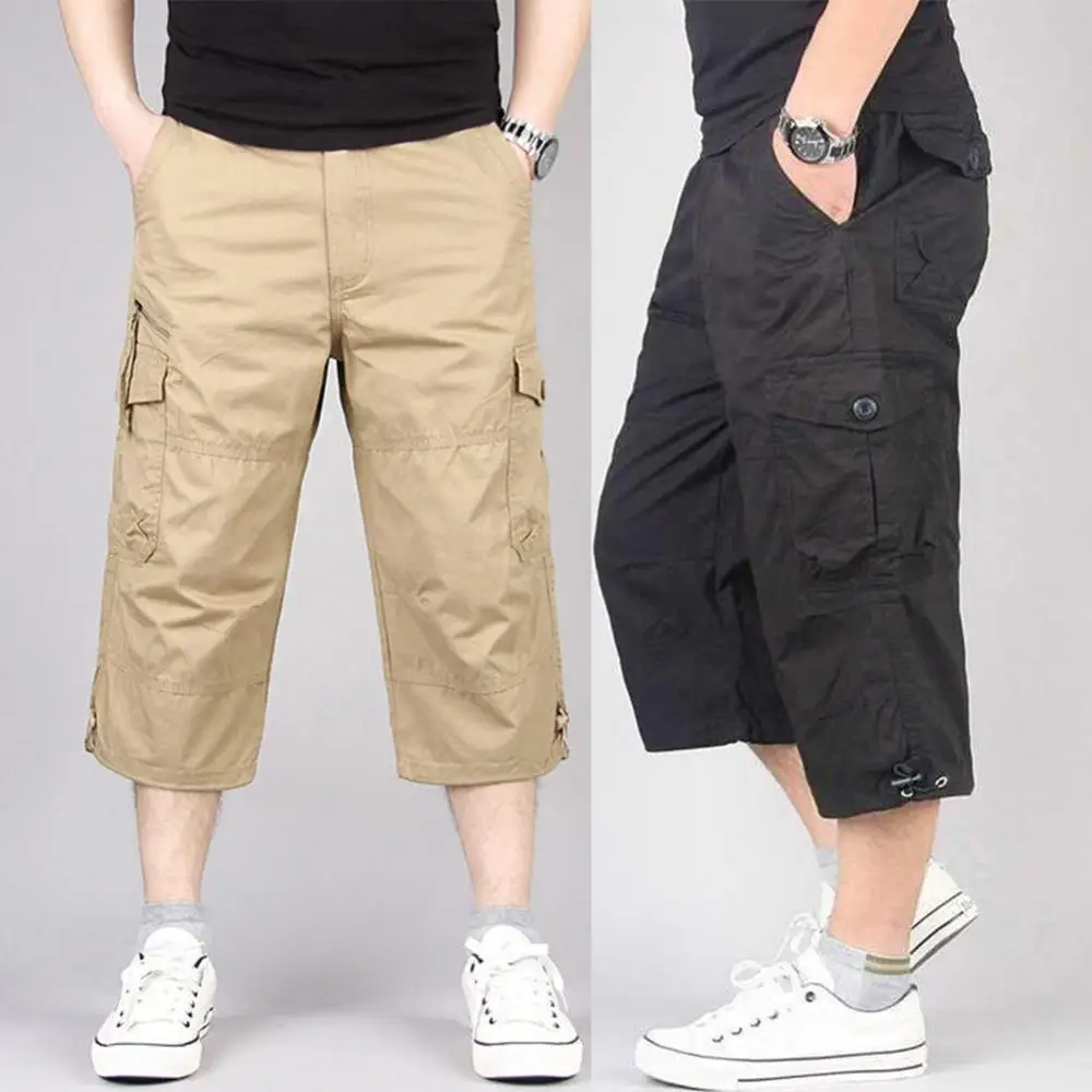 

Summer Men's Casual Cotton Cargo Shorts Overalls Long Length Multi Pocket Hot breeches Military Capri Pants Male Cropped Pants