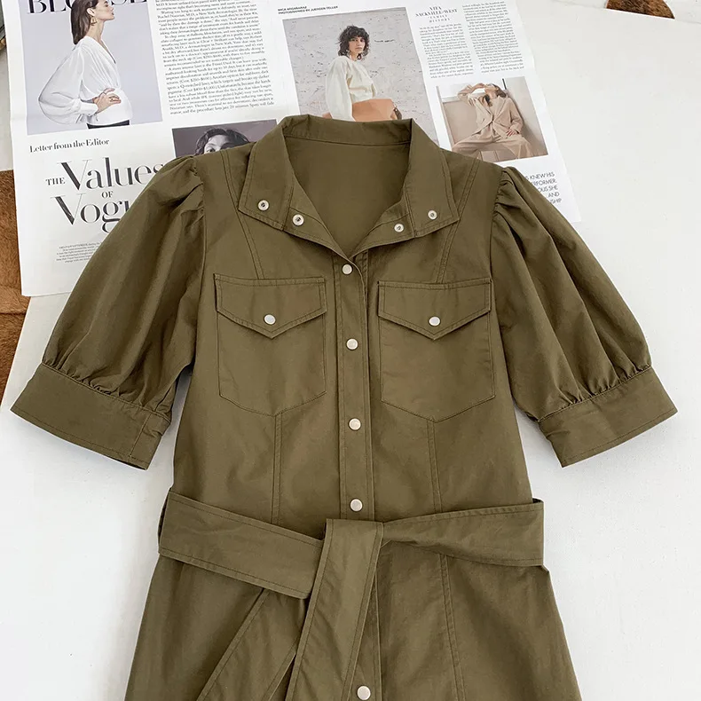 

2021 Spring and Summer New Fashion Retro Lantern Short-sleeved Stand-up Collar Single-breasted Belted Wild Dress