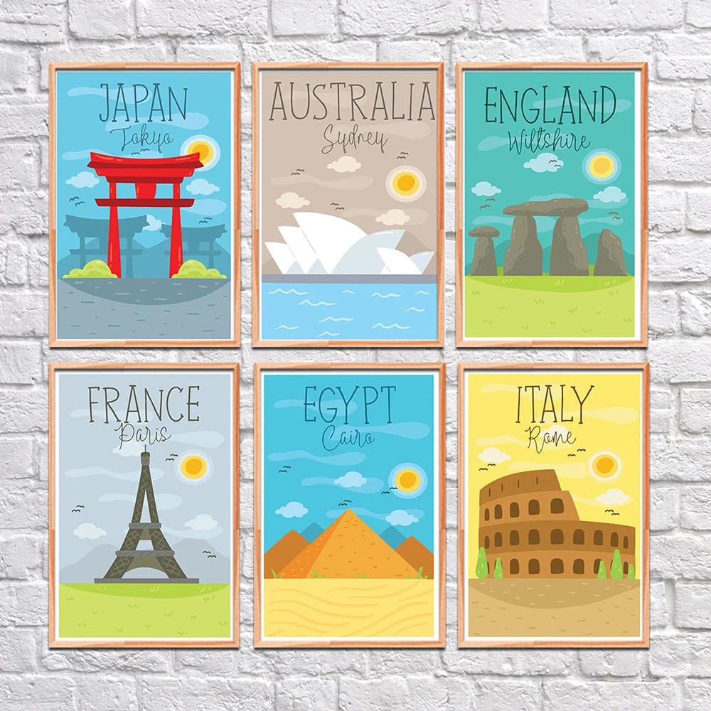 

Nordic Vintage Travel Poster Cartoon Cute City Landscape Art Canvas Painting Italy Japan France Wall Pictures For Living Room
