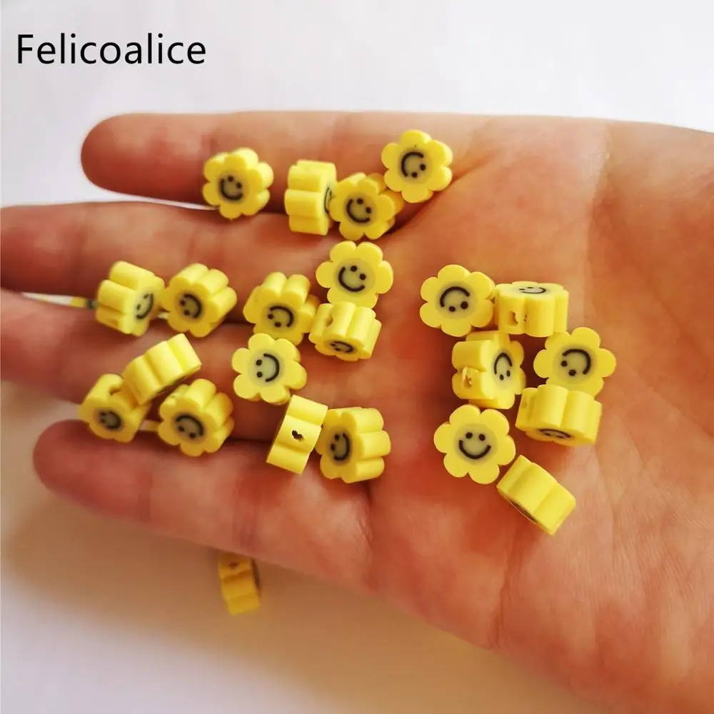 

100pcs 10mm Smiley Face Flower Flat Back Polymer Clay Shape Spacer Beads For DIY Handmade Jewelry Craft Accessories