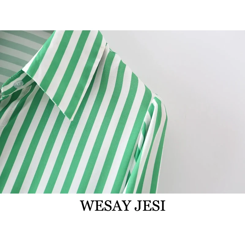 

WESAY JESI Women's Clothing 2021 Dresses TRAF Elegant Print Midi Striped Shirt Dress Female Bow Sashes Button-Up Vintage Dress