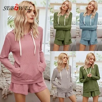 sebowel 2020 autumn womens tracksuit sets long sleeve waffle hooded sweatshirt shorts two pieces outfits suits clothes s xl