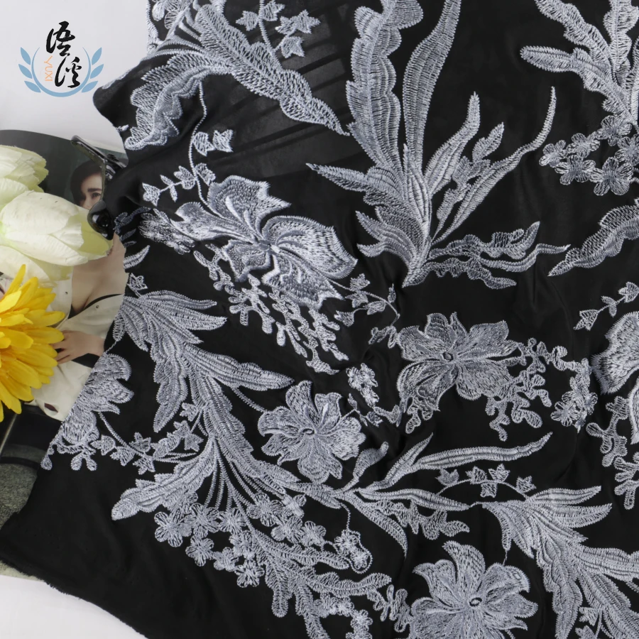 5 ярдов новая осенняя и зимняя фейерверк золы ткань с вышитым цветком черная