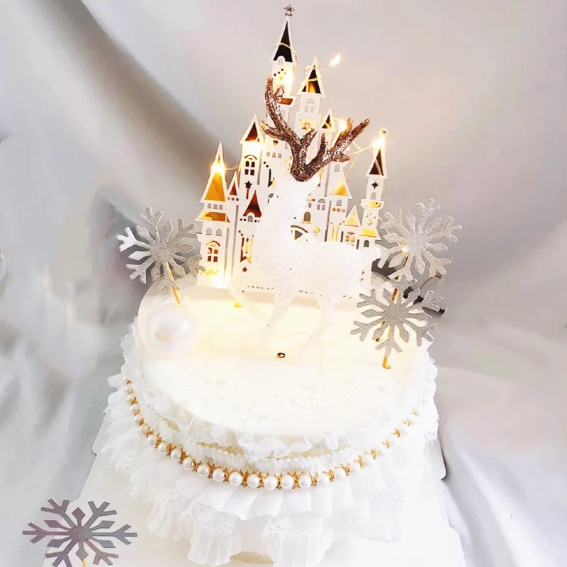 

INS Elk Christmas Cake Toppers Golden Castle happy Birthday Cupcake Toppers Decoration For Kids Xmas Party Cake Baking supplies