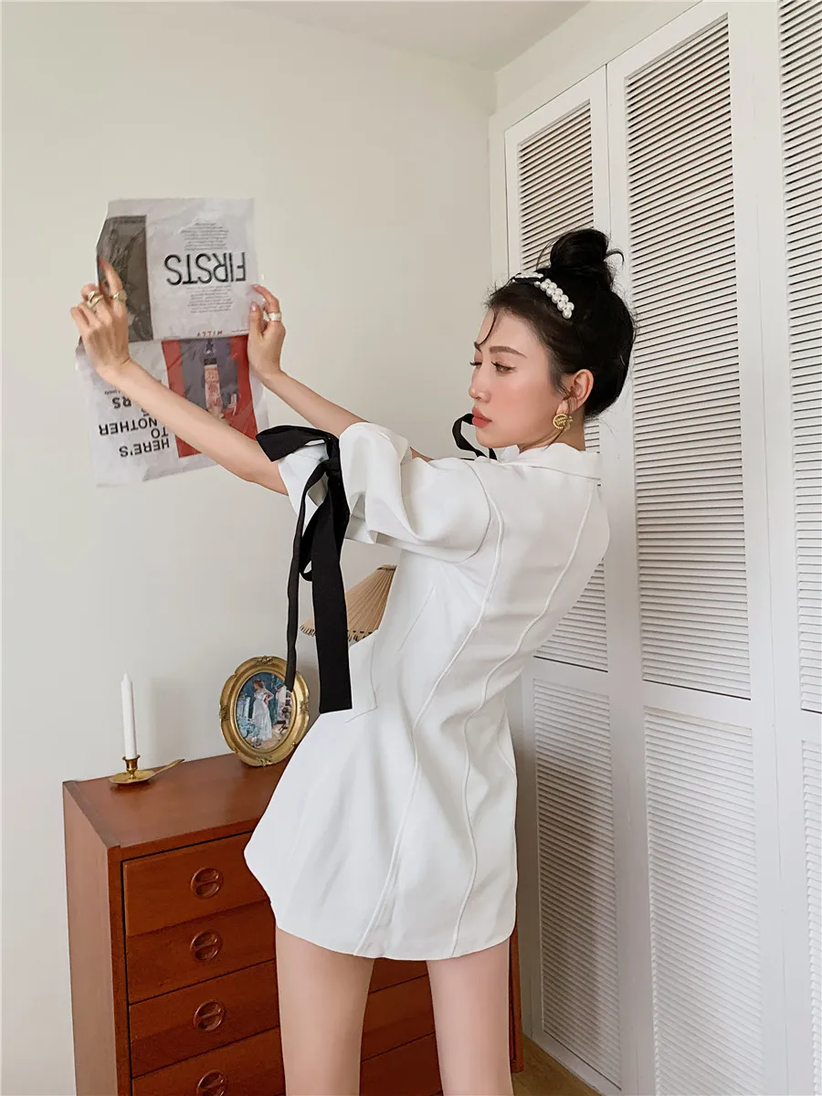 

CHEERART Designer White Puff Sleeve Button Up Mini Dress Spring Summer 2021 Women Fashion Bow Tie Half Sleeve Ladies Dress