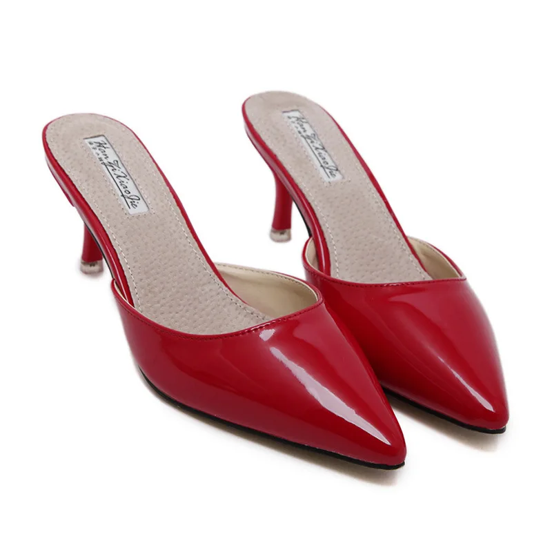 

Fashion Leisure Slippers Solid PU Sewing Closed Toe Slides Summer Closed Toe High Thin Heels Shoes