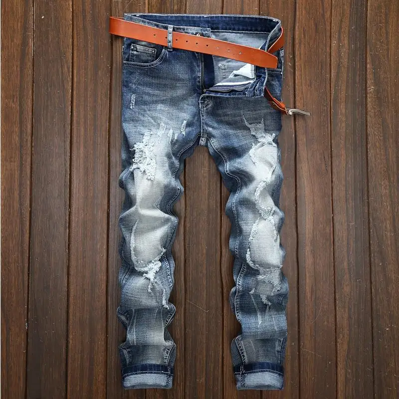 

Men 's Jeans Personality Embroidery Moto Jeans Slim Fit Straight Denim Pants Distressed Trousers