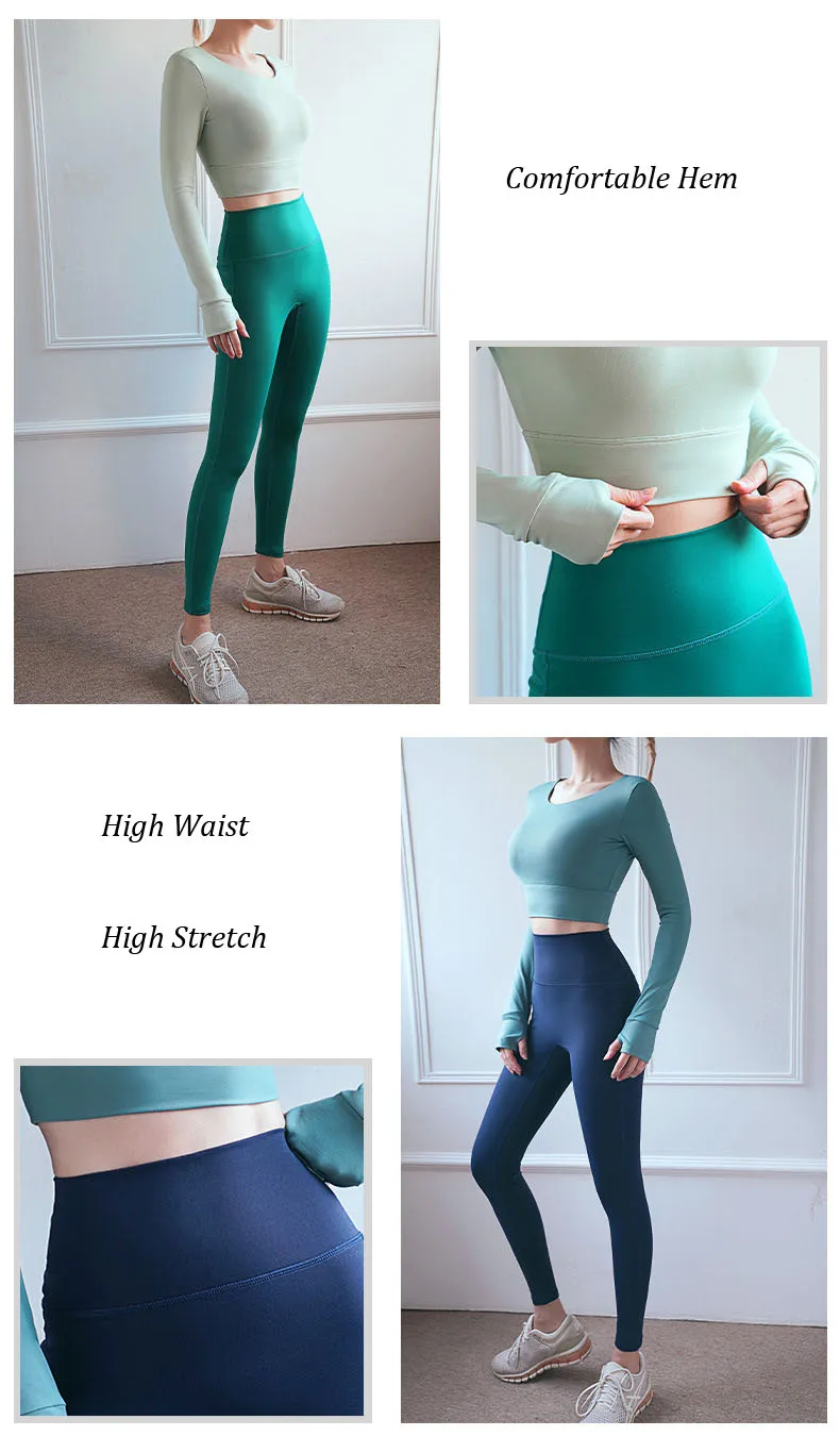 

Gym Tracksuits Women 2PCS Fitness Suits Long Sleeve Shirts With Pads Push Up Leggings Sportswear Naked-Feel Nylon Sexy Yoga Sets