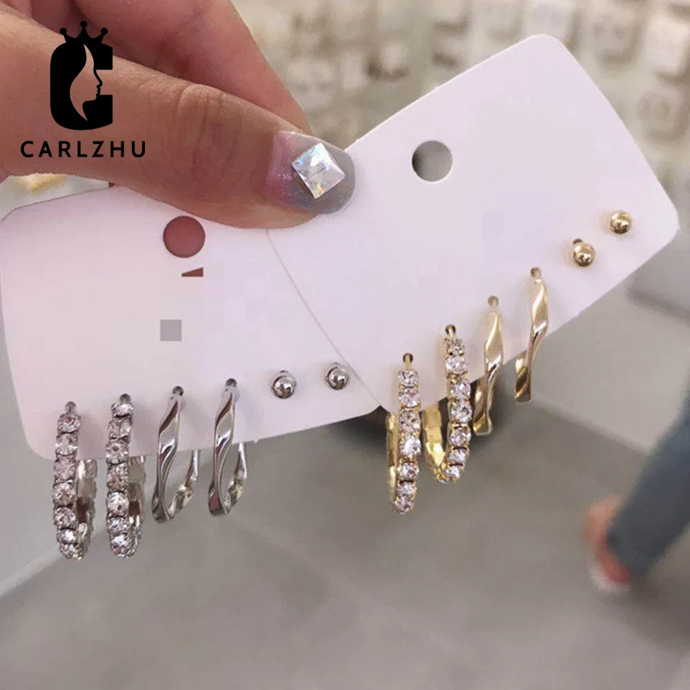 Женские серьги петли Стразы с золотым покрытием 3 пары|Серьги-кольца| |