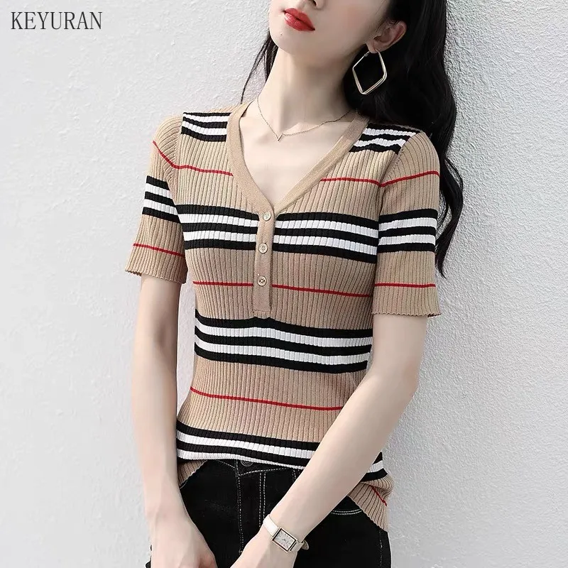 

2021 Летняя трикотажная футболка новая женщина с короткими рукавами в полоску, без рукавов, пуловер для детей, футболки, топы, тонкий вязаный с...