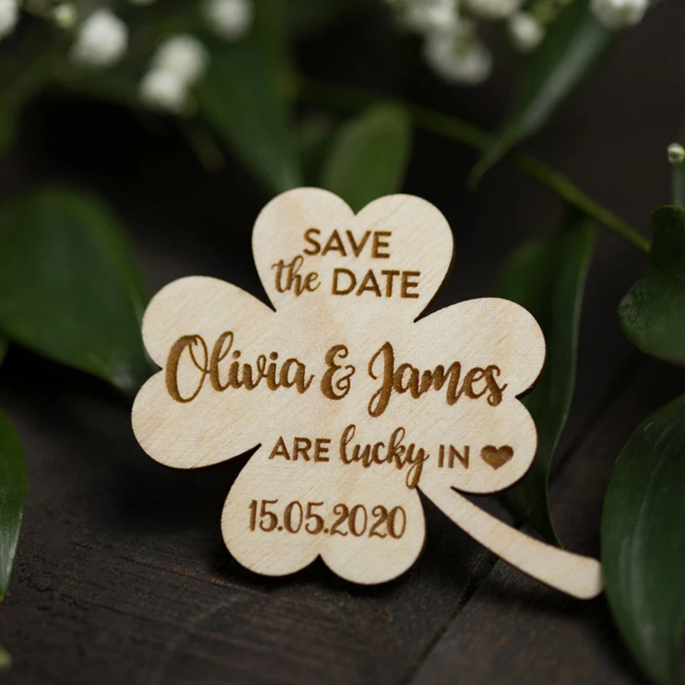 

50pcs Personalized Wooden Lucky Clover Save the Date Magnet Tags, Rustic Bridal Shower wedding Favor tags, Custom text Wood Tags