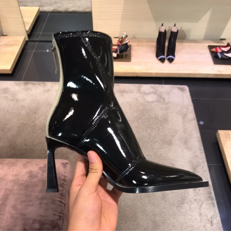 Женские ботильоны из натуральной кожи на высоком каблуке с острым носком|Женские