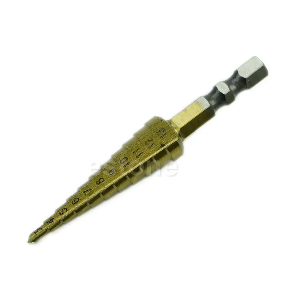 

Unique 3MM-13MM Titanium Coated 11Step Drill 1/4" HSS Hex Shank Tool New