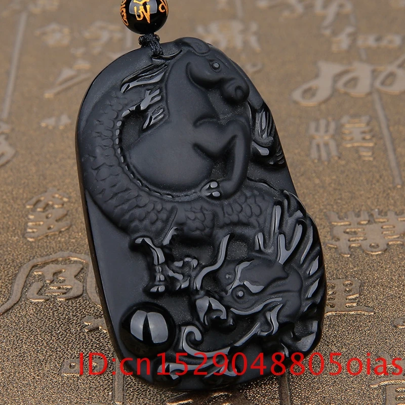 Ожерелье из натуральных черных бусин обсидиана ручная работа дракон лошадь