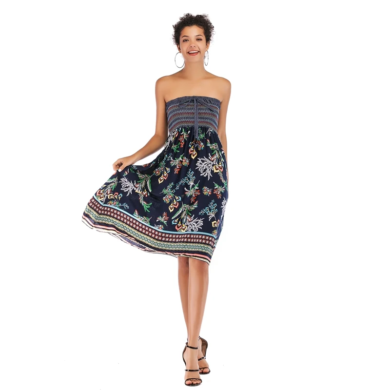 

Boho Floral A-Line Women's Maxi Skirt Elastic High Waist Sashes Vintage Pleated Maxi Skirts