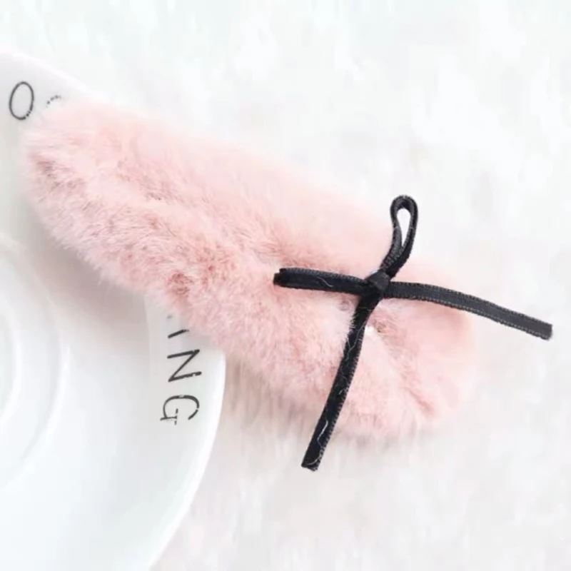 Pink 1 шт., милая пушистая заколка из искусственного кроличьего меха для маленьких девочек, детская плюшевая повязка для волос, заколки, детские зимние аксессуары для волос - Цвет: Pink
