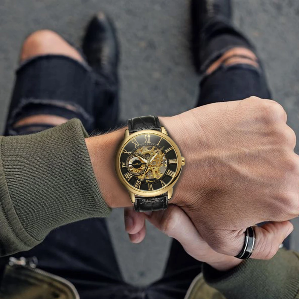 Прозрачные золотые часы для Для мужчин Механические Топ Роскошные Брендовые