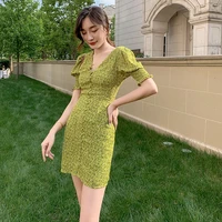 french style floral vintage dress women summer 2021 fashion v neck green slim mini dresses puff sleeve sundress robe