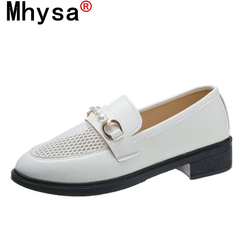 

2021 Summer Women Shoes England Style Leather Shoes Outdoor Comfortable Breathable Mesh Flat Shoes Round Toe Low-heeled Shoes