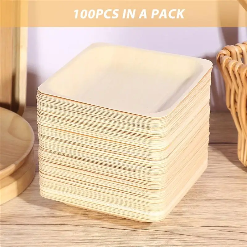 100 шт. квадратных одноразовых деревянных тарелок ROSENICE для вечеринок, ресторанов, пикников и дней рождения, размером 140х140 мм.