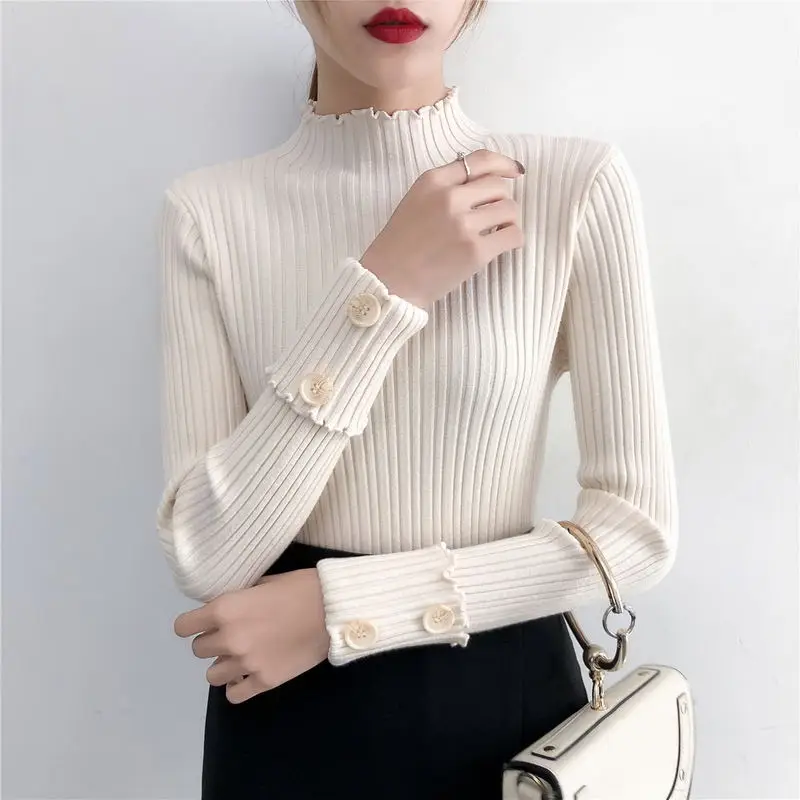 Модные облегающие теплые свитера с высоким воротом осенне-зимний женский свитер