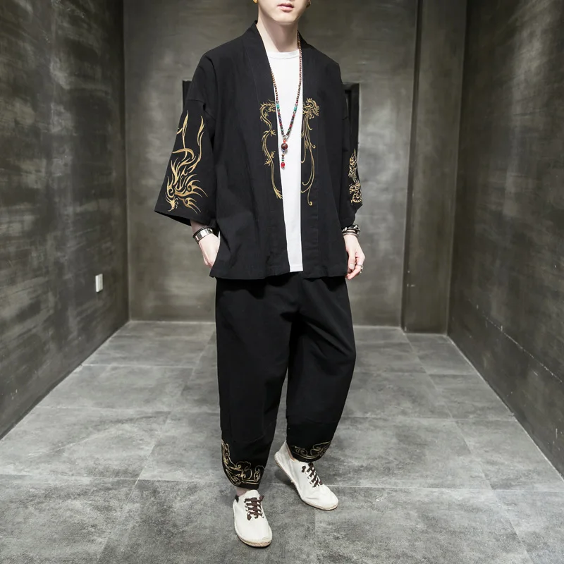 Мужские комплекты оригинальный хлопковый костюм Hanfu летняя вышитая Футболка
