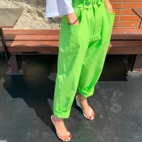 casual pants 2021 spring new loose straight wide leg pants women high waist fluorescent green harem trousers