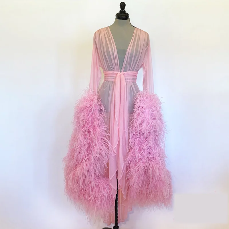 

Luxury Ostrich Feather Maternity Dresses V Neck Tulle Maternity Gown for Photoshoot Boudoir Lingerie Bathrobe Nightwear Babydoll