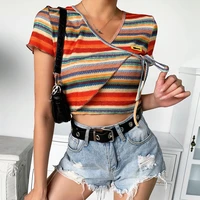 2022 summer sexy v neck drawstring ruffle sleeve striped letter label cropped top womens retro multicolor basic street style