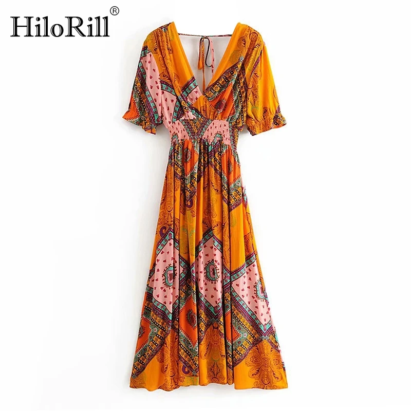 

HiloRill Women Printed Long Dress V Neck Elastic Waist Summer Boho Dresses 2021 Ruffle Short Sleeve Vintage Pleated Midi Dress
