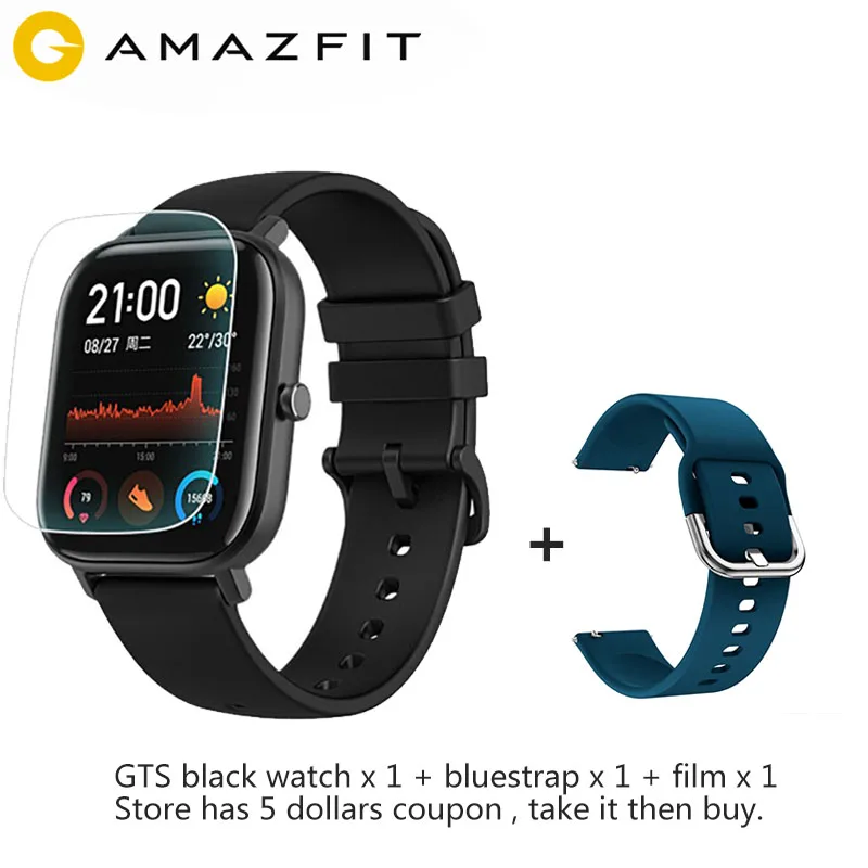 Глобальная версия Amazfit GTS Смарт-часы 1,65 дюймов AMOLED 341 ppi экран 5 АТМ 14 дней батарея gps управление музыкой - Цвет: blackw (abluestrap)