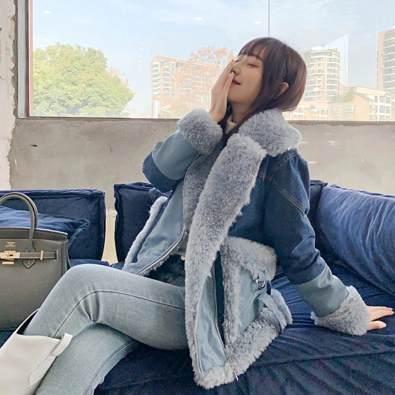 Женская зимняя куртка 2021 оверсайз из искусственной овечьей шерсти с меховым