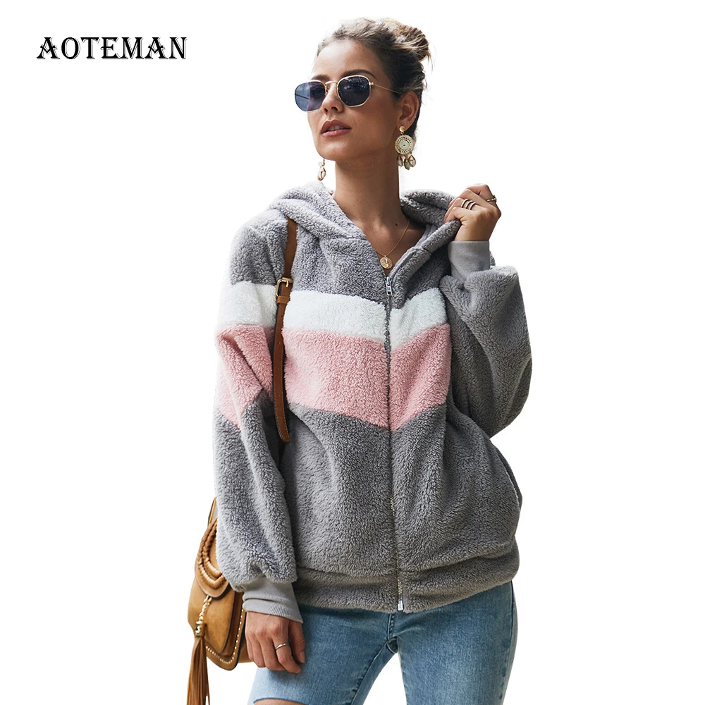 Осенне-зимнее плюшевое пальто из искусственного меха для женщин, повседневные толстые теплые толстовки с капюшоном, Женская Лоскутная Толстовка с капюшоном, меховая верхняя одежда