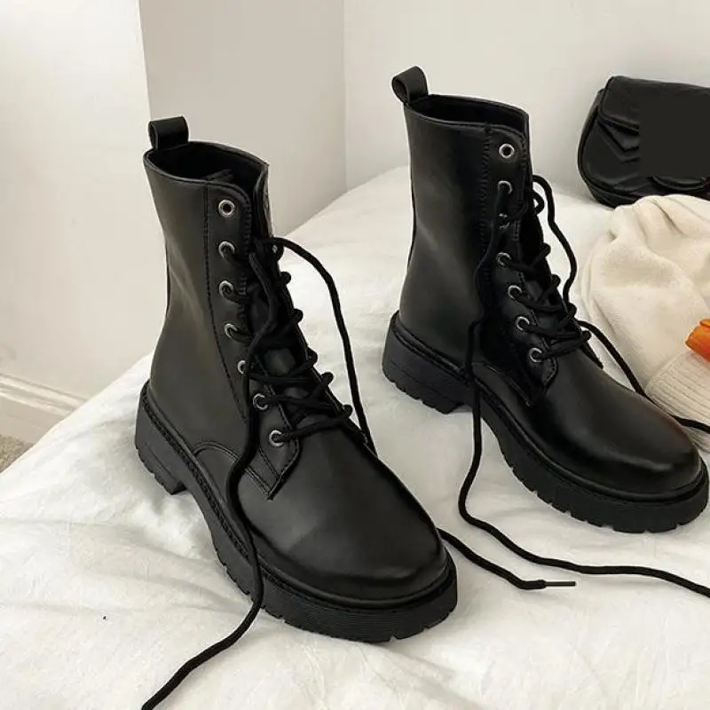 

Women's Motorcycle Boots Fashion Round Toe Black Ankle Boots In The Tube All-match British Martin Boots Women's Shoes 2021 New