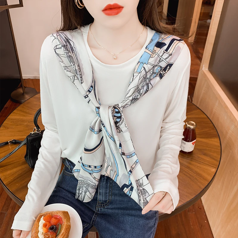 

Chikichi 2021 Spring and Autumn New Korean Fashion and Elegant Round Neck Stitching Shawl White Long-sleeved T-shirt Women