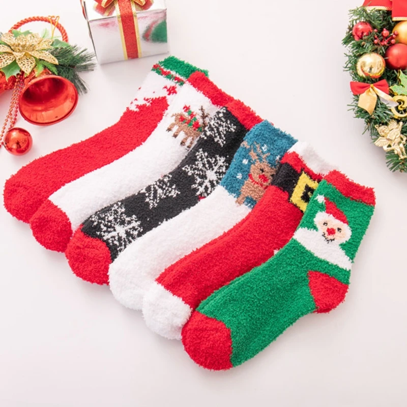

6 Pairs Christmas Santa Elk Snowflakes Casual Coral Fleece Socks Autumn Winter Warm Soft Fuzzy Sock for Women Lady