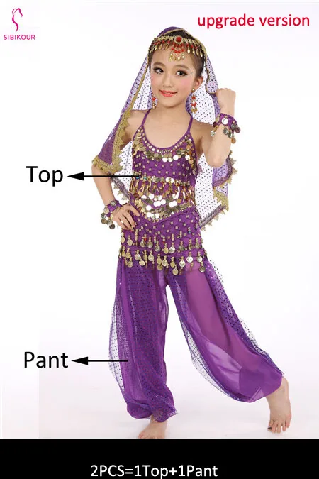 Purple 2pcs 8 цветов детский набор костюма для танца живота Восточные Танцевальные костюмы для девочек Египетский Болливуд индийский танец живота одежда - Цвет: Purple 2pcs