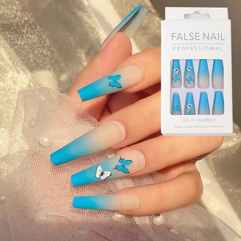 

24 шт., съемные длинные матовые накладные ногти в форме бабочки